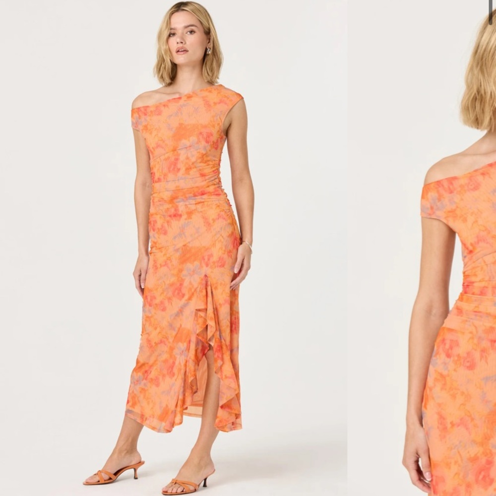 ASTR Size M Orange Off-Shoulder Ruffle Midi Dress